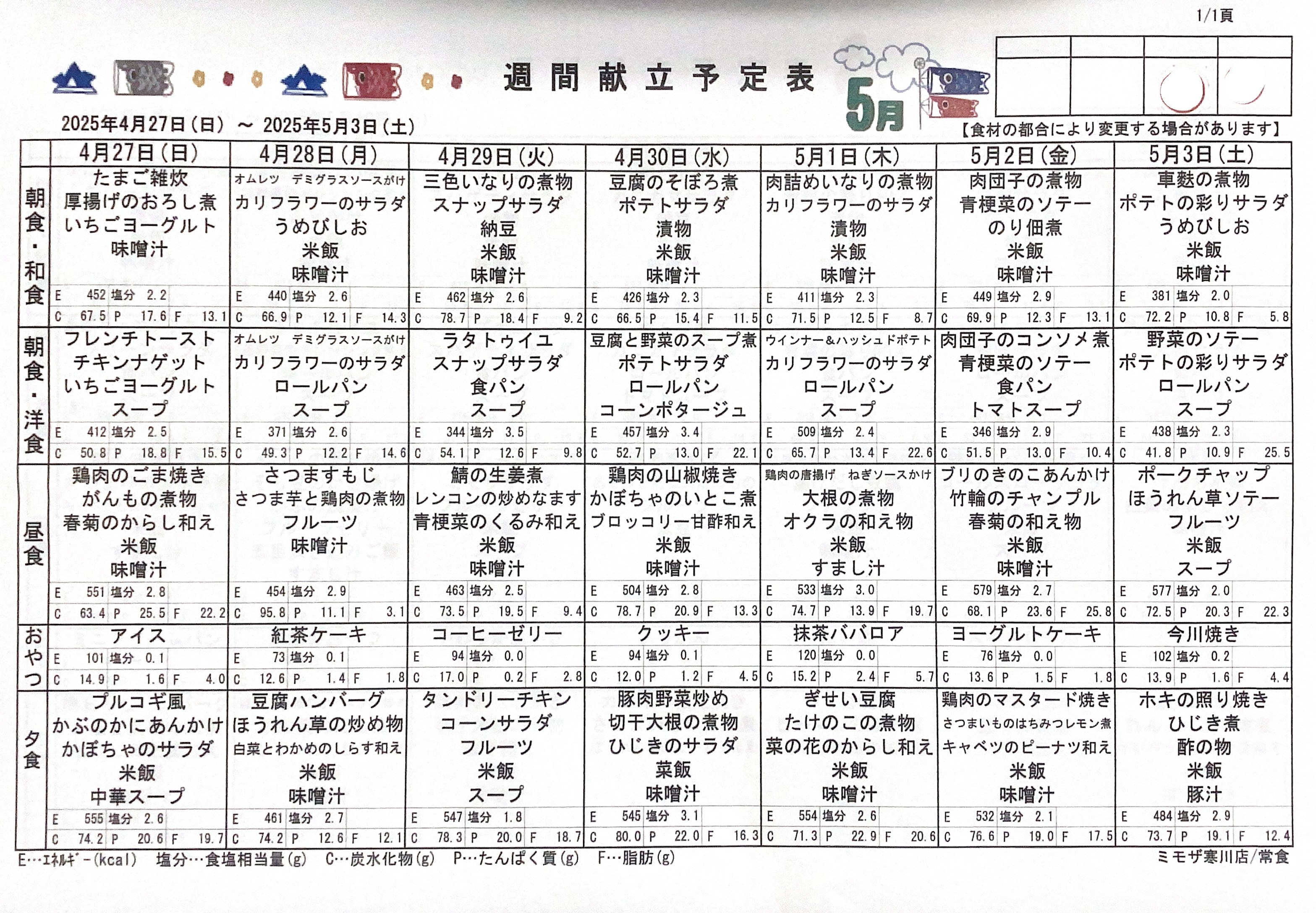 ◇５月献立表◇