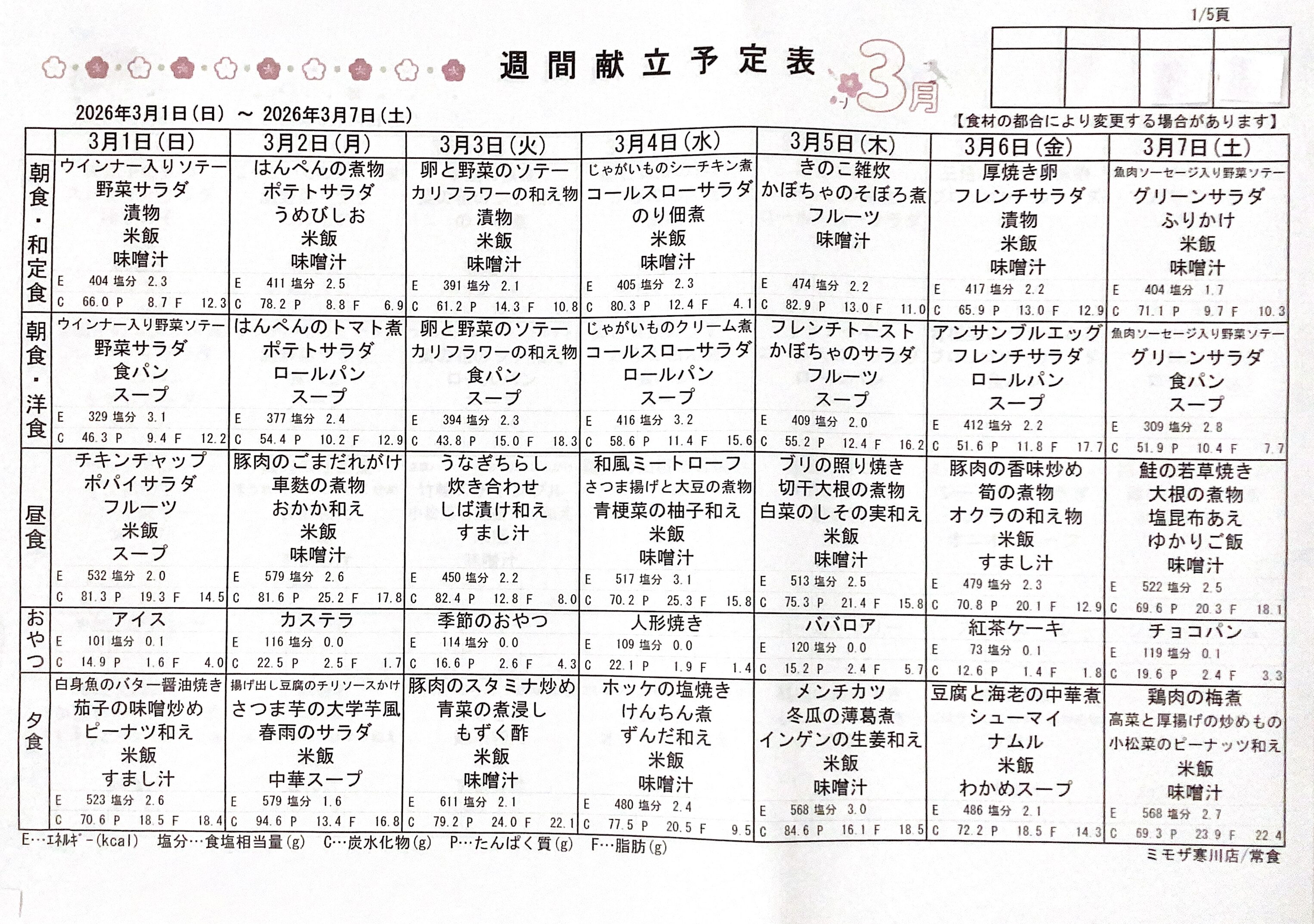 ◇３月献立表◇
