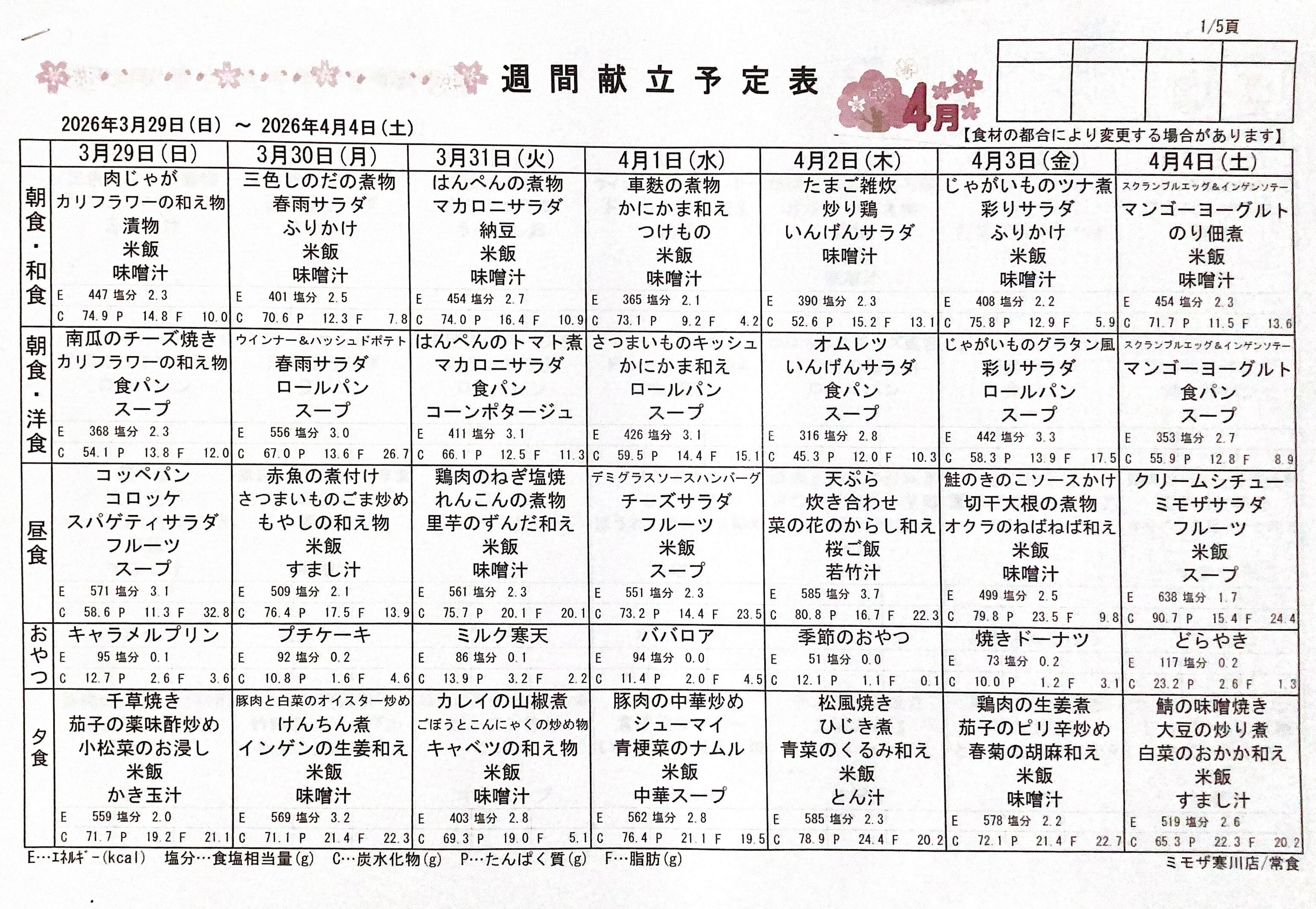 ◇４月献立表◇
