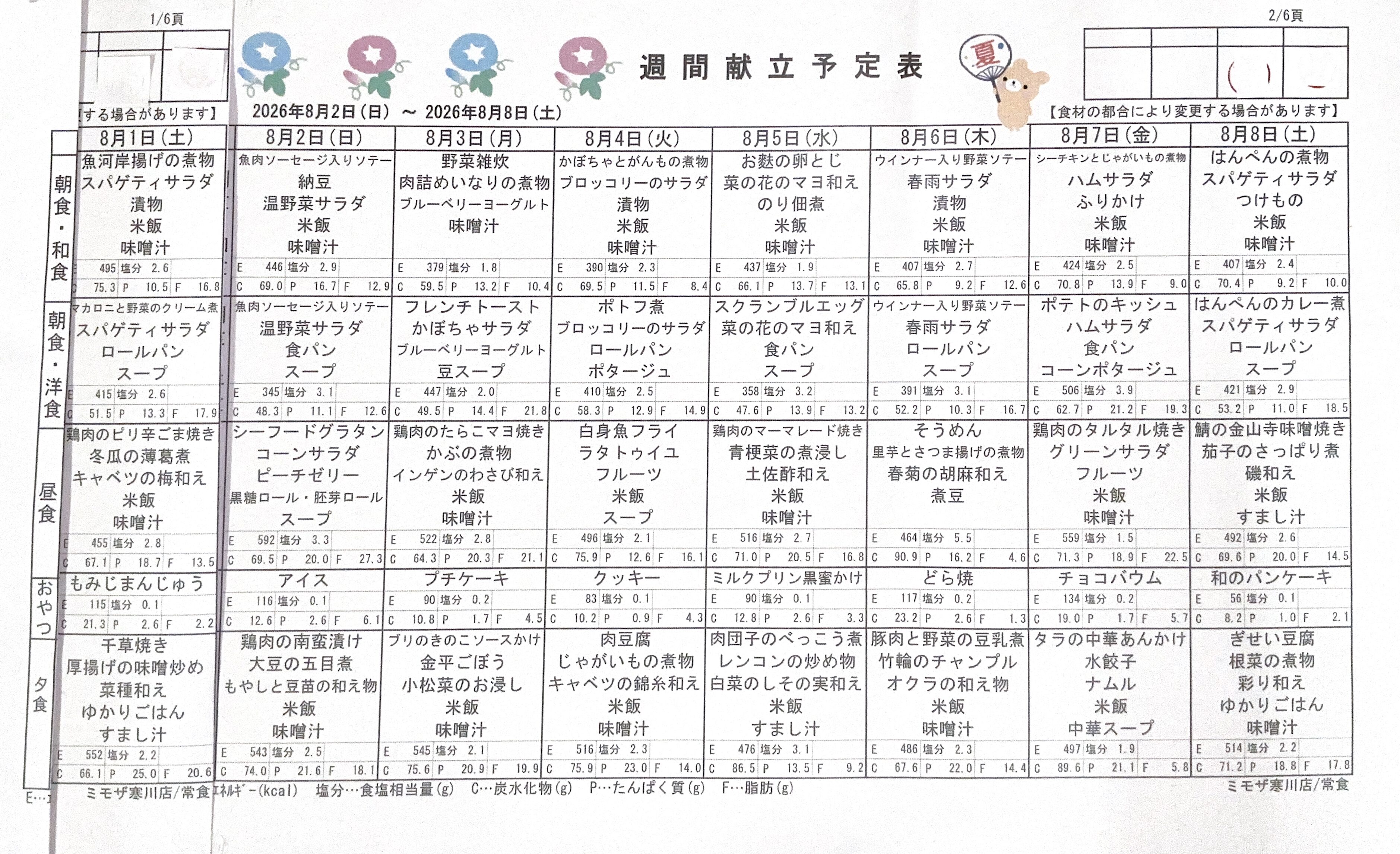 ◇8月献立表◇